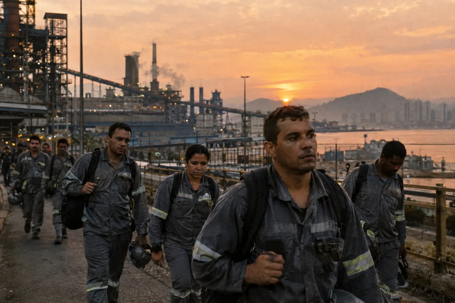 Trabalhadores deixando uma usina siderúrgica ao entardecer