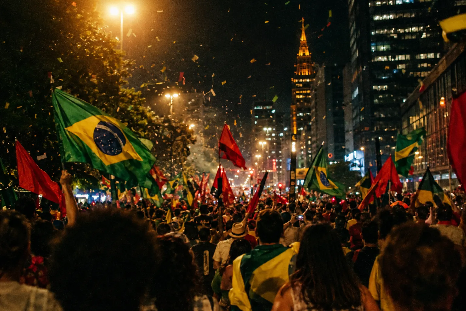 Ilustração de multidão celebrando à noite com bandeiras do Brasil e bandeiras vermelhas